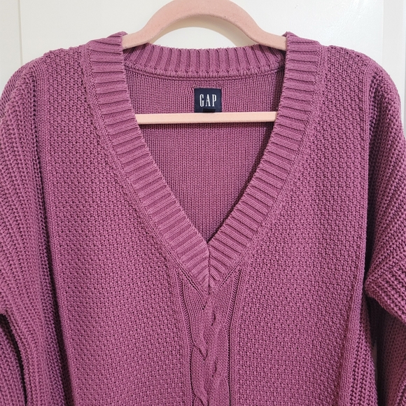 GAP Cable Knit V-Neck Fisherman Cotton Tunic Sweater Damson Pink S - Picture 3 of 10